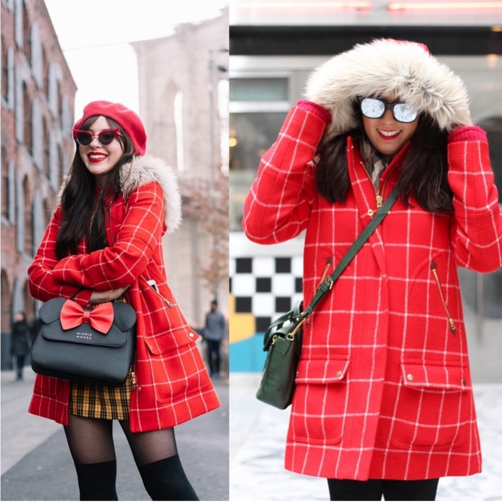 NWT J.Crew Chateau Parka Red & White Windowpane Plaid Coat Size 2
